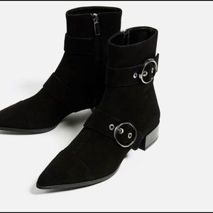 Zara Black Suede Ankle Boots with Buckle Detail